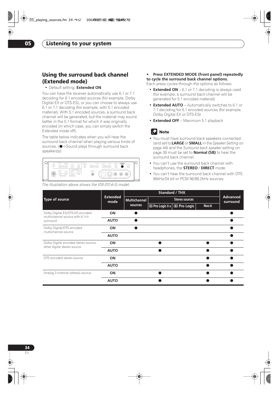 Using the surround back channel (extended mode), Listening to your system 05 | Pioneer VSX-1014-S User Manual | Page 34 / 80