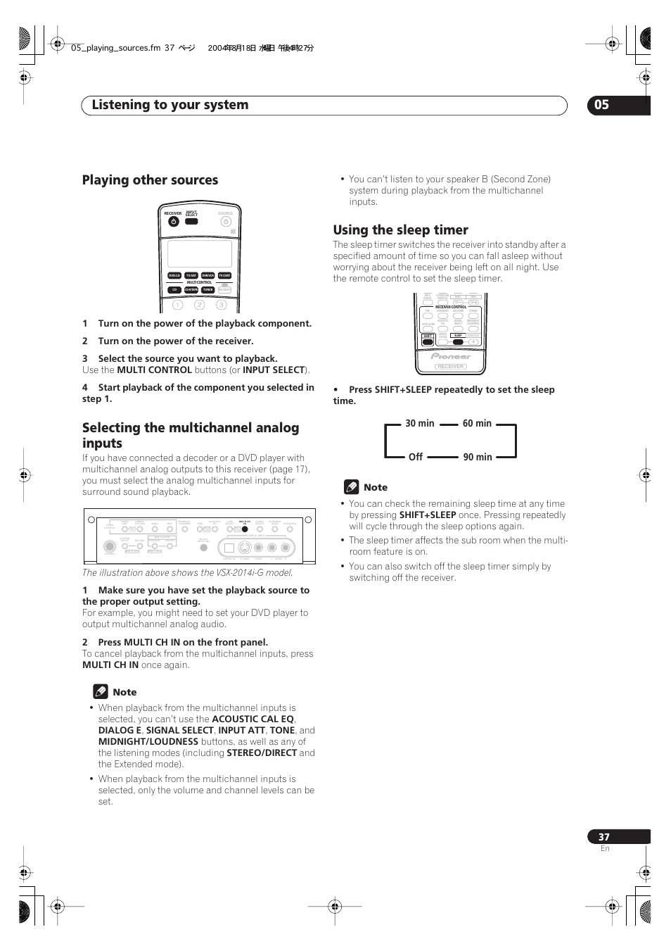 Listening to your system 05, Playing other sources, Selecting the multichannel analog inputs | Using the sleep timer, Use the, Multi control, Buttons (or, Input select, The illustration above shows the vsx-2014i-g model, 2press multi ch in on the front panel | Pioneer VSX-1014-S User Manual | Page 37 / 80