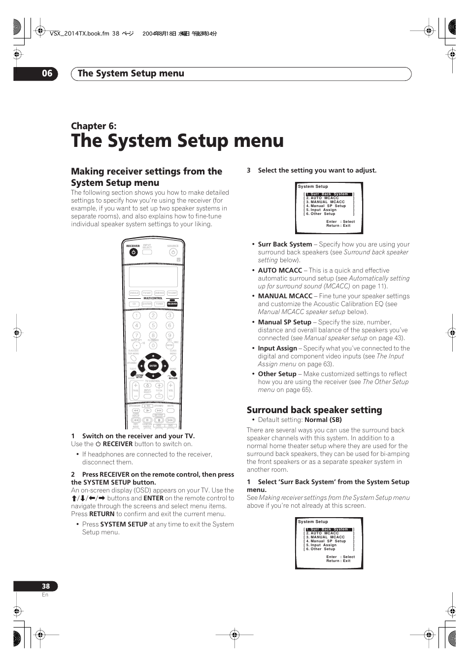 06 the system setup menu, The system setup menu, The system setup menu 06 | Chapter 6, Surround back speaker setting | Pioneer VSX-1014-S User Manual | Page 38 / 80