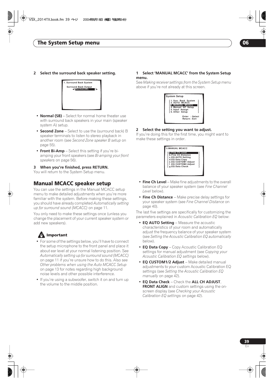 Manual mcacc speaker setup, The system setup menu 06 | Pioneer VSX-1014-S User Manual | Page 39 / 80