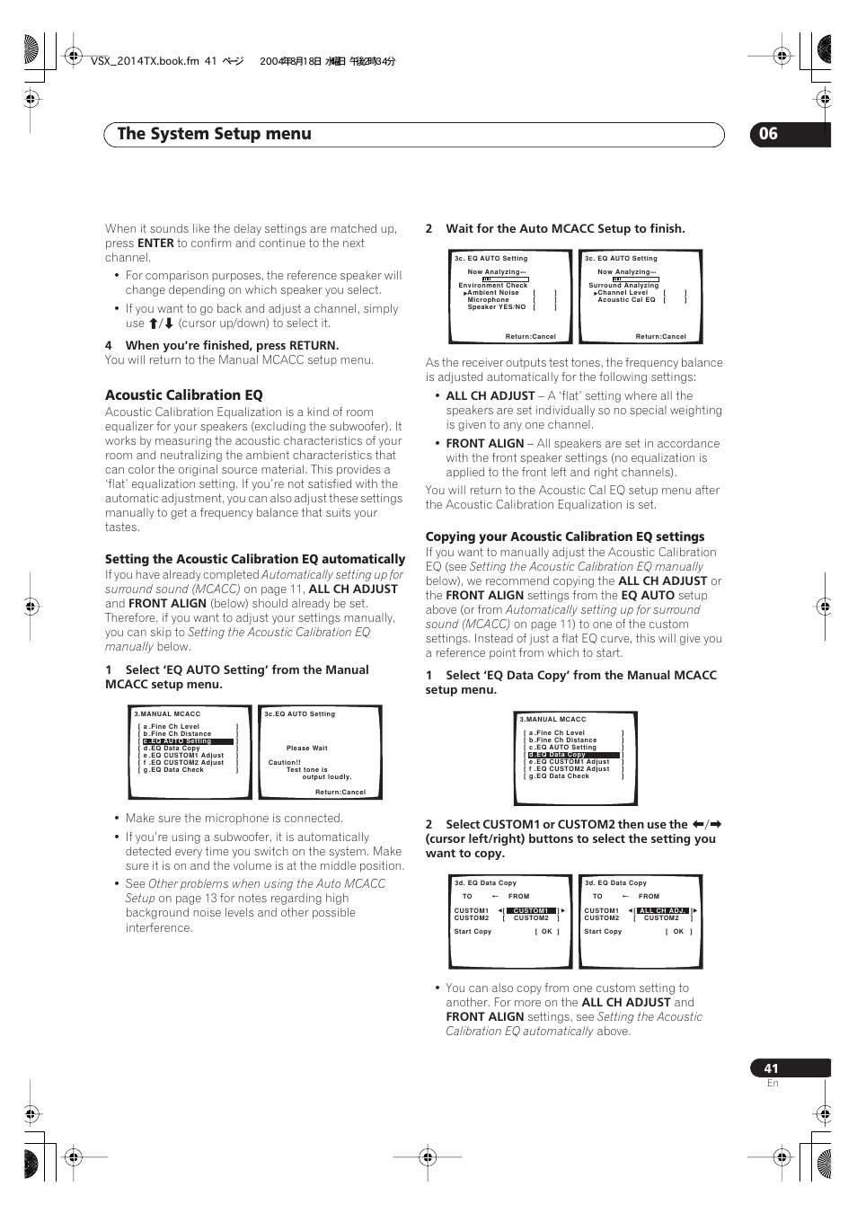 Acoustic calibration eq, The system setup menu 06 | Pioneer VSX-1014-S User Manual | Page 41 / 80