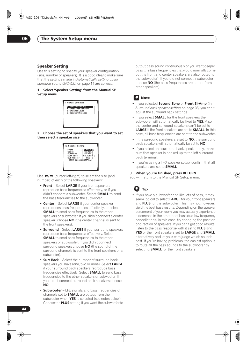 Speaker setting, The system setup menu 06 | Pioneer VSX-1014-S User Manual | Page 44 / 80