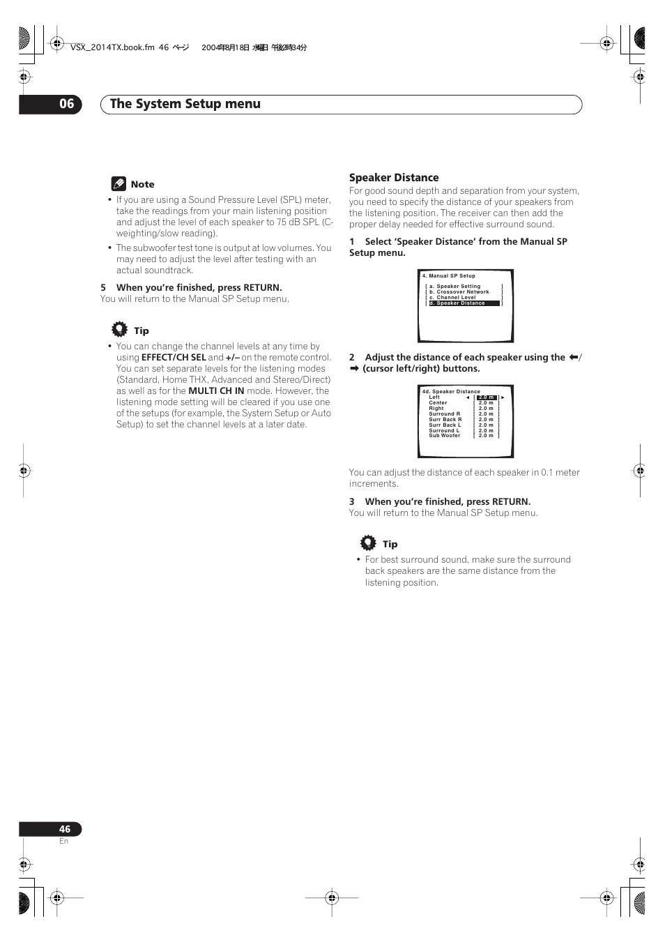 Speaker distance, The system setup menu 06 | Pioneer VSX-1014-S User Manual | Page 46 / 80