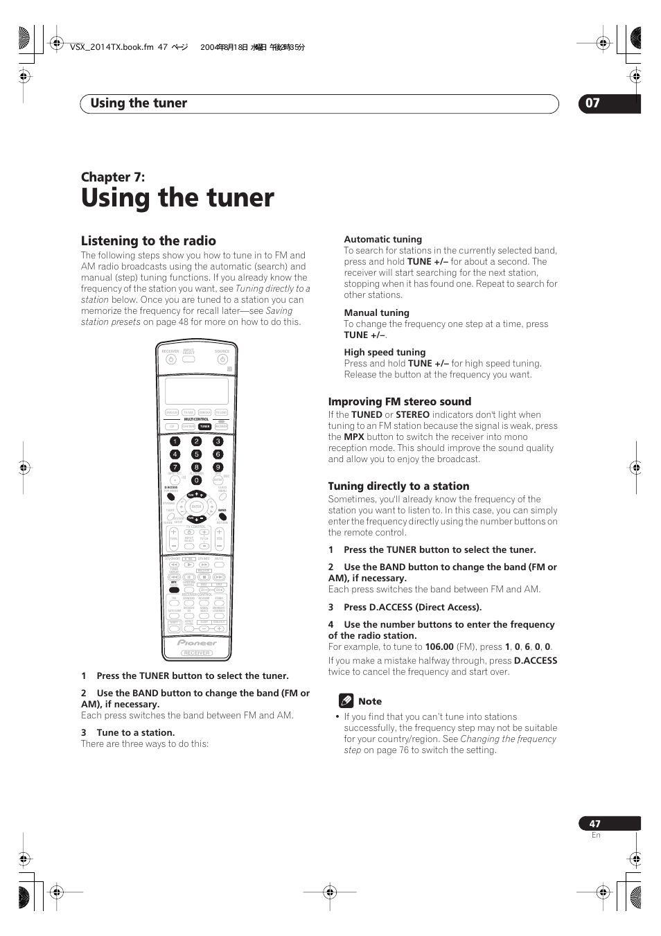 07 using the tuner, Listening to the radio, Using the tuner | Using the tuner 07, Chapter 7, Improving fm stereo sound, Tuning directly to a station | Pioneer VSX-1014-S User Manual | Page 47 / 80