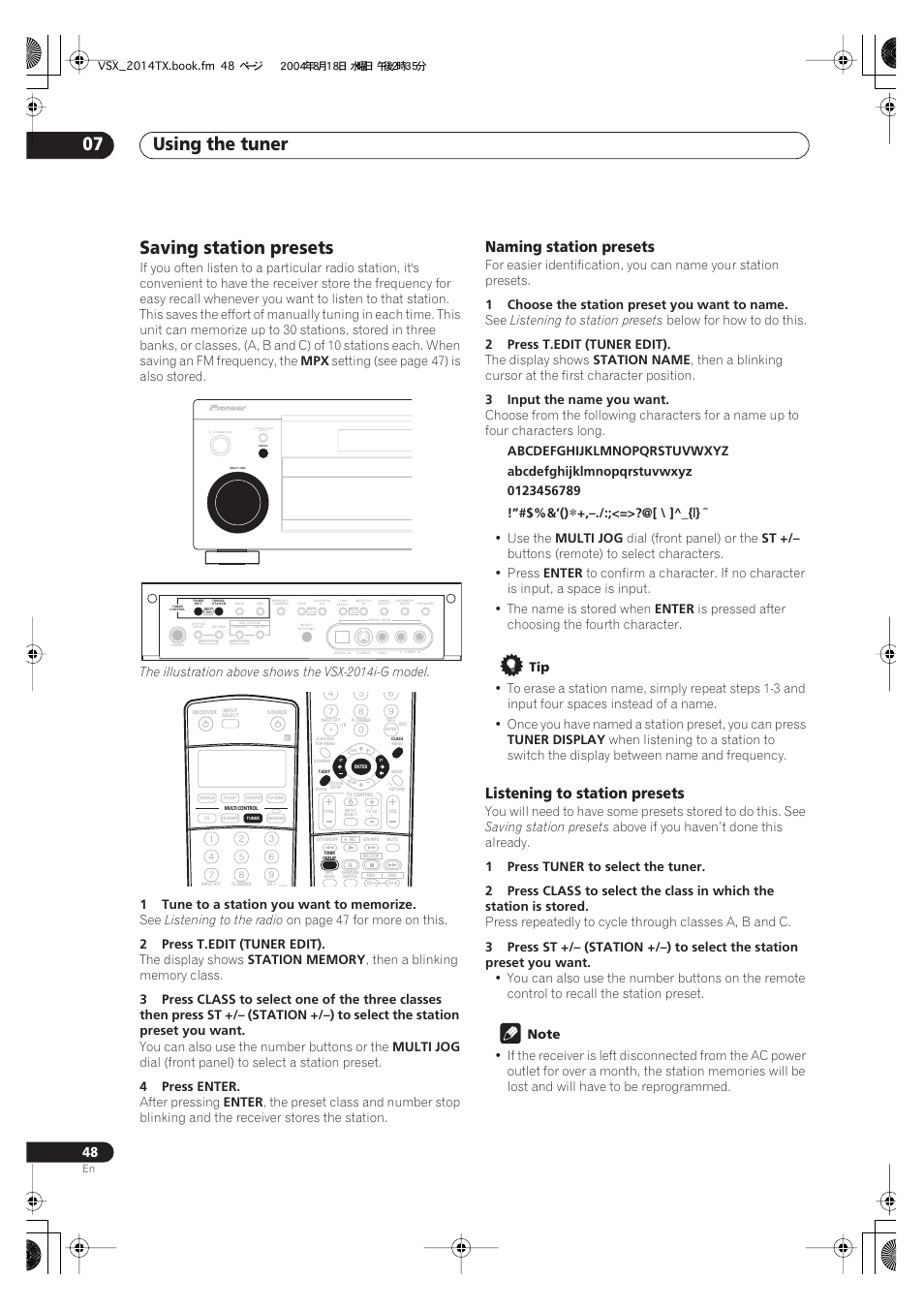 Saving station presets, Using the tuner 07, Naming station presets | Listening to station presets | Pioneer VSX-1014-S User Manual | Page 48 / 80