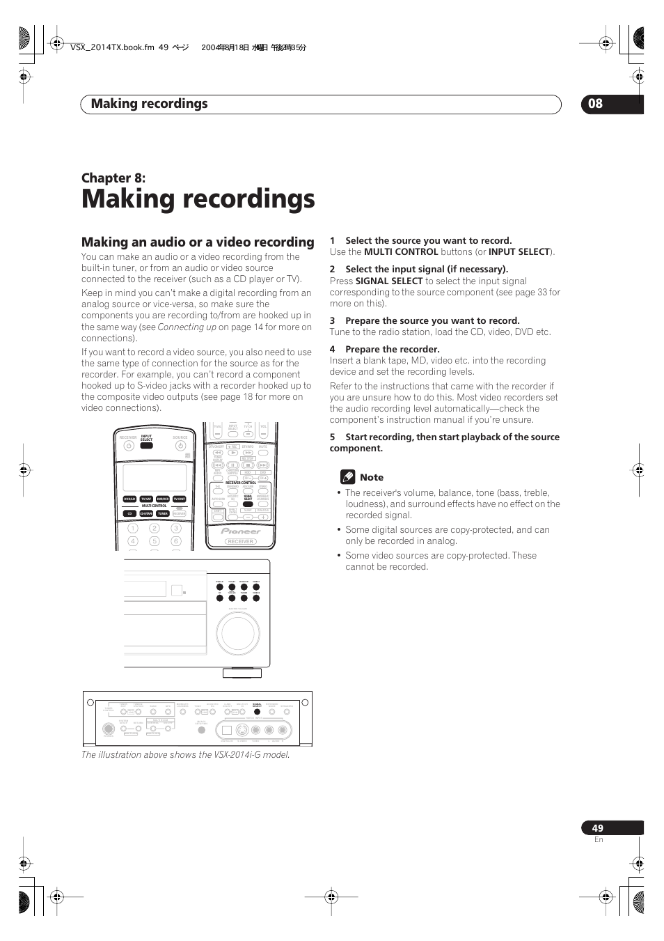 08 making recordings, Making an audio or a video recording, Making recordings | Making recordings 08, Chapter 8, Connecting up, The illustration above shows the vsx-2014i-g model, 1select the source you want to record, Use the, Multi control | Pioneer VSX-1014-S User Manual | Page 49 / 80
