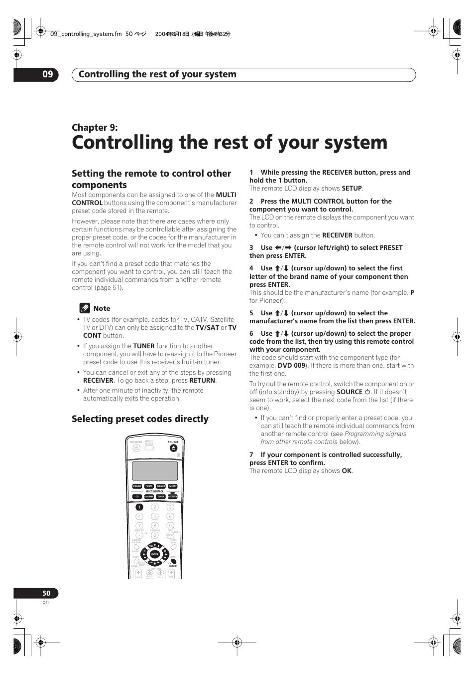 09 controlling the rest of your system, Controlling the rest of your system, Controlling the rest of your system 09 | Chapter 9, Setting the remote to control other components, Selecting preset codes directly | Pioneer VSX-1014-S User Manual | Page 50 / 80