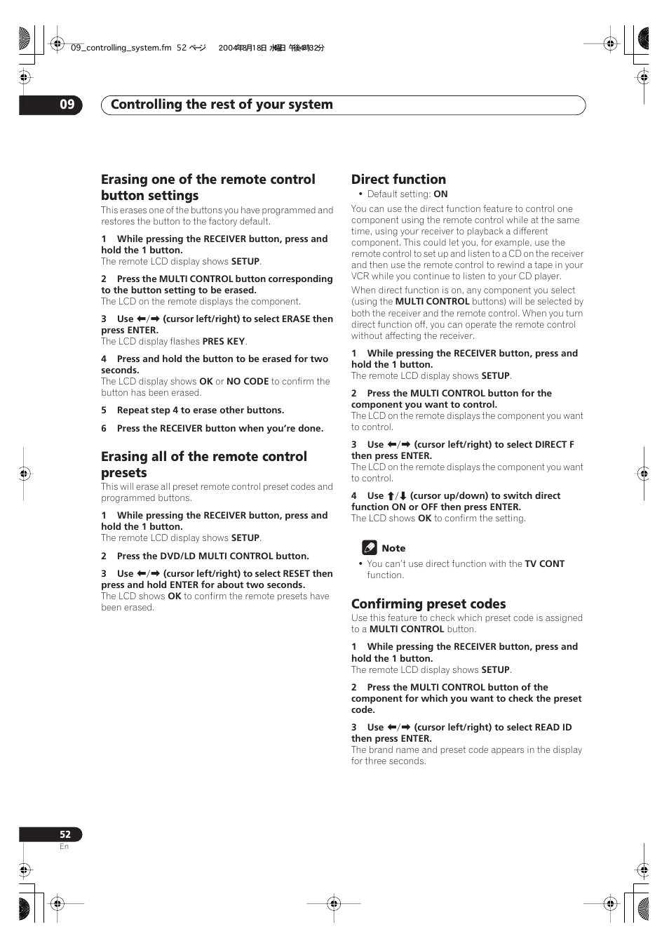 Controlling the rest of your system 09, Erasing one of the remote control button settings, Erasing all of the remote control presets | Direct function, Confirming preset codes | Pioneer VSX-1014-S User Manual | Page 52 / 80