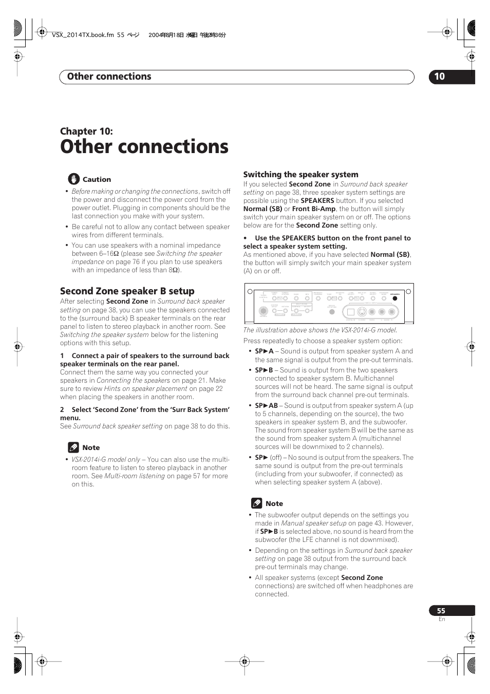 10 other connections, Second zone speaker b setup, Switching the speaker system | Other connections, Other connections 10, Chapter 10 | Pioneer VSX-1014-S User Manual | Page 55 / 80