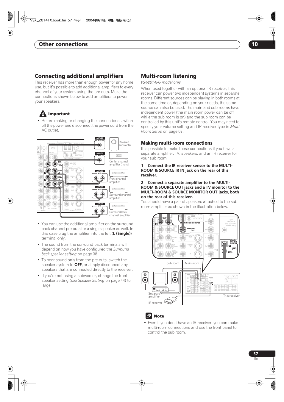 Making multi-room connections, Other connections 10, Connecting additional amplifiers | Multi-room listening | Pioneer VSX-1014-S User Manual | Page 57 / 80