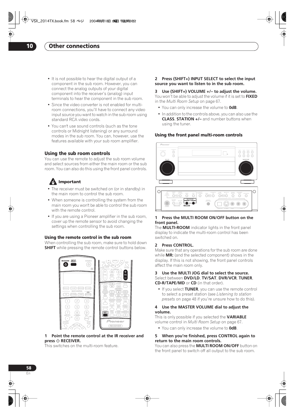 Using the sub room controls, Other connections 10, Using the remote control in the sub room | Using the front panel multi-room controls, Dvd/ld tv/sat dvr/vcr video1 cd cd-r/ tape/md, Tuner video2 listening mode select enter | Pioneer VSX-1014-S User Manual | Page 58 / 80