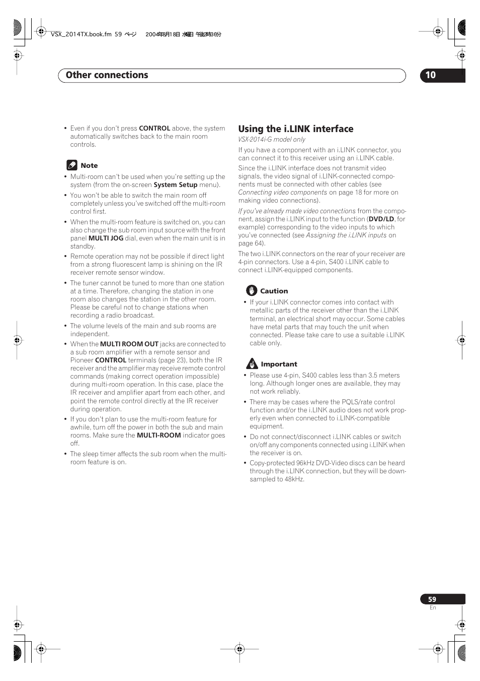 Using the i.link interface, Other connections 10 | Pioneer VSX-1014-S User Manual | Page 59 / 80