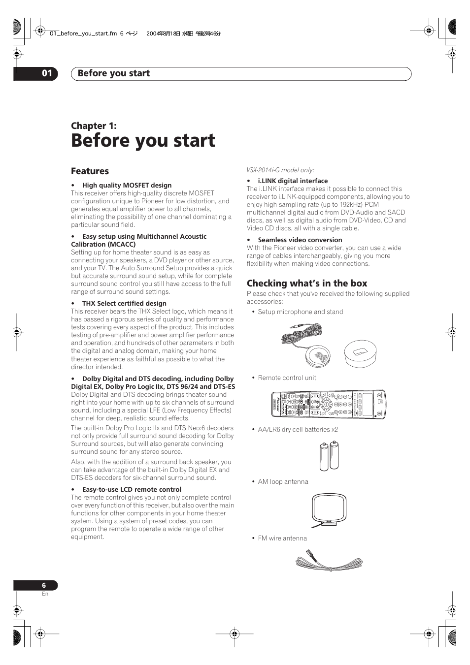 01 before you start, Features checking what’s in the box, Before you start | Before you start 01, Chapter 1, Features, Checking what’s in the box, High quality mosfet design, Thx select certified design, Easy-to-use lcd remote control | Pioneer VSX-1014-S User Manual | Page 6 / 80