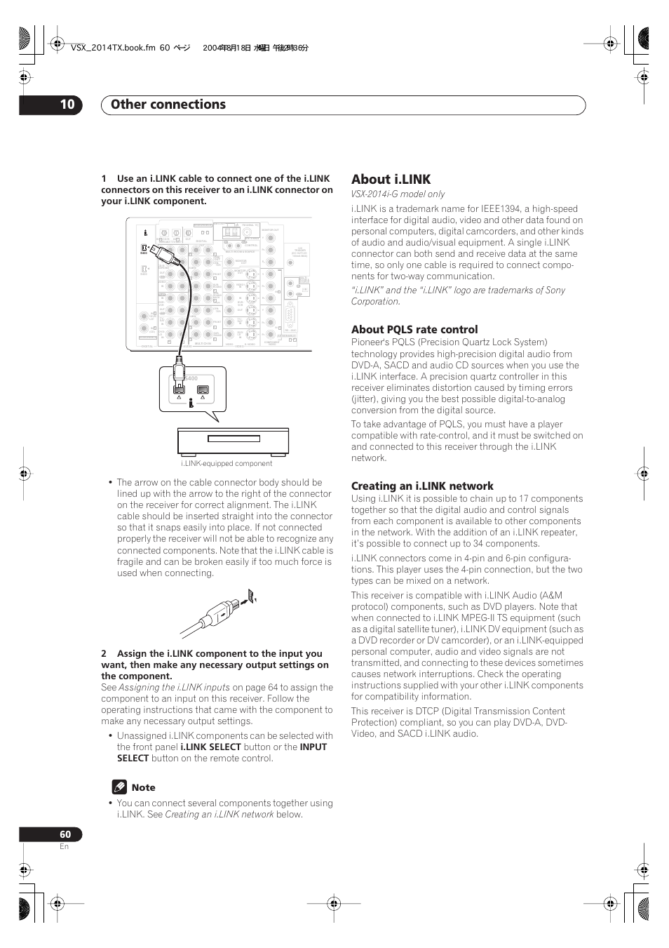 About i.link, About pqls rate control creating an i.link network, Other connections 10 | About pqls rate control, Assigning the i.link inputs, I.link select, Button or the, Input select, Button on the remote control, Creating an i.link network | Pioneer VSX-1014-S User Manual | Page 60 / 80