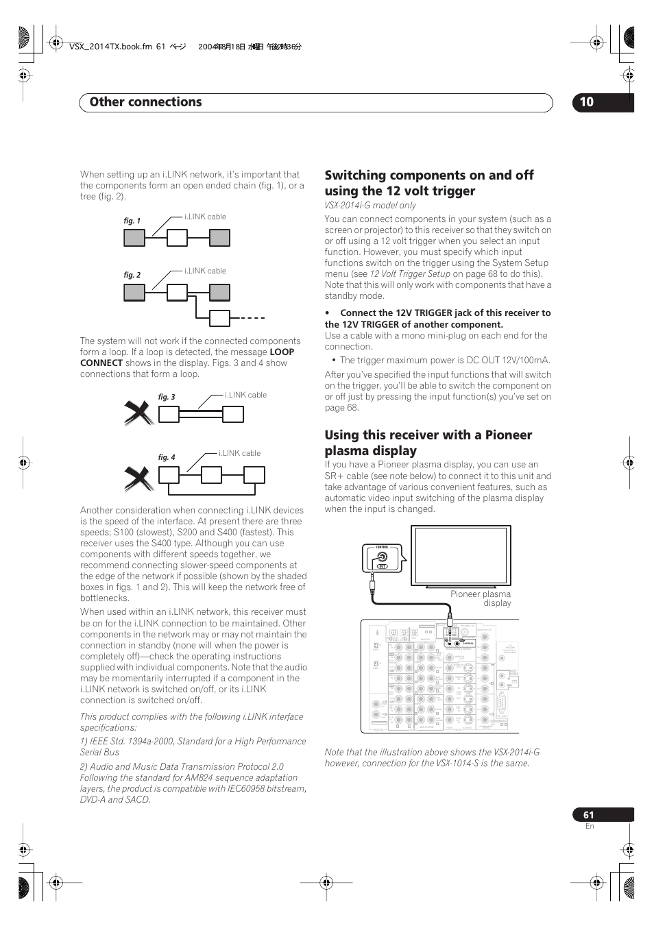 Other connections 10, Using this receiver with a pioneer plasma display, Loop connect | Vsx-2014i-g model only, 12 volt trigger setup, Pioneer plasma display | Pioneer VSX-1014-S User Manual | Page 61 / 80