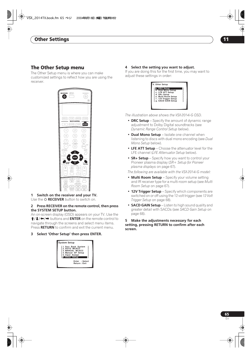 The other setup menu, Other settings 11 | Pioneer VSX-1014-S User Manual | Page 65 / 80