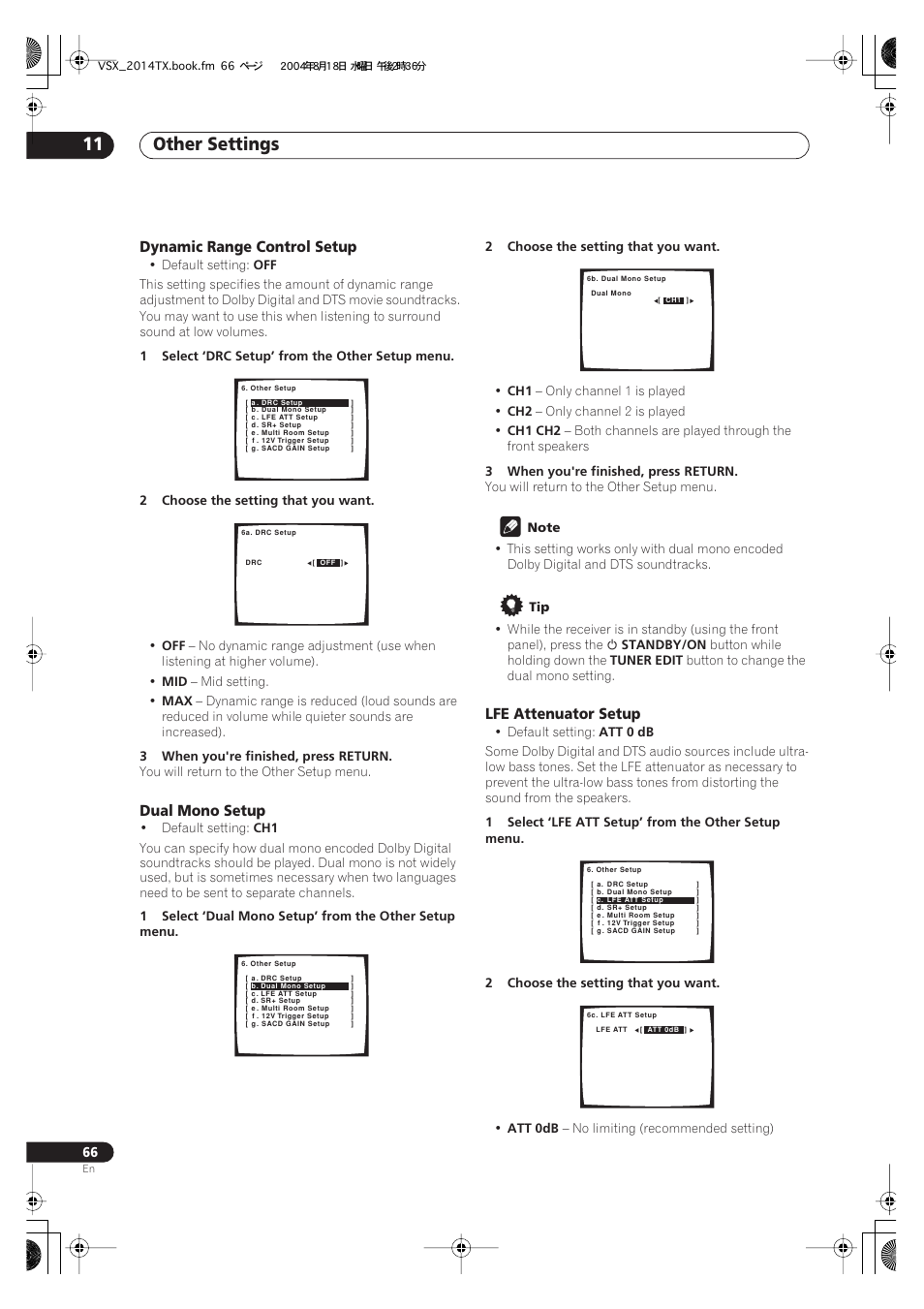 Other settings 11, Dynamic range control setup, Dual mono setup | Lfe attenuator setup | Pioneer VSX-1014-S User Manual | Page 66 / 80