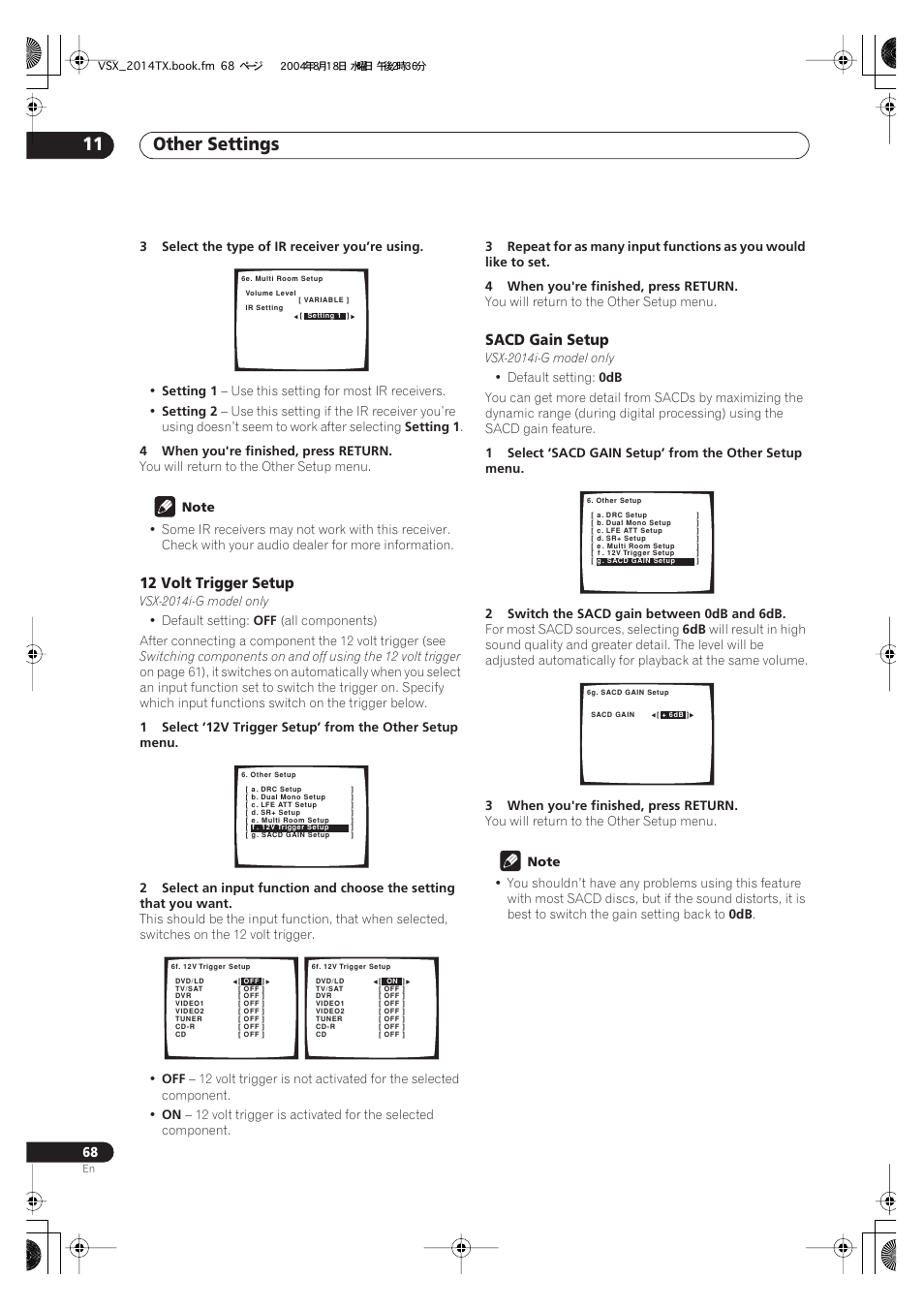 12 volt trigger setup sacd gain setup, Other settings 11, 12 volt trigger setup | Sacd gain setup | Pioneer VSX-1014-S User Manual | Page 68 / 80