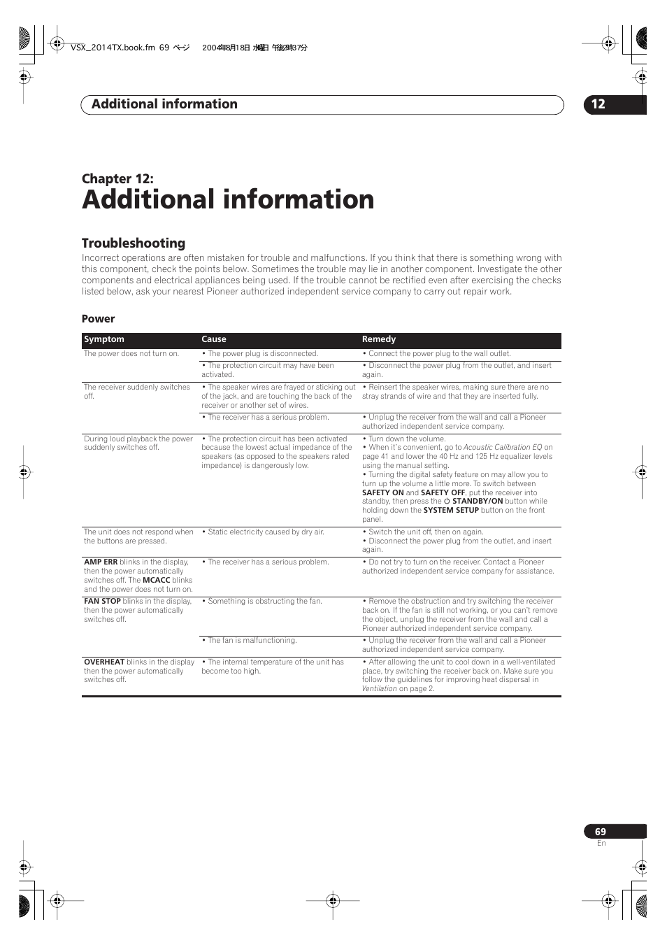 12 additional information, Troubleshooting, Power | Additional information, Additional information 12, Chapter 12 | Pioneer VSX-1014-S User Manual | Page 69 / 80