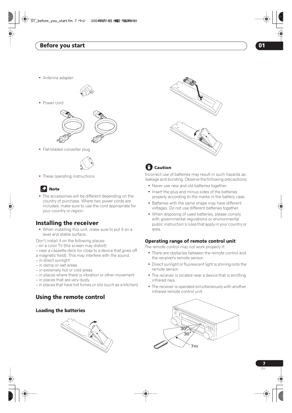 Installing the receiver using the remote control, Before you start 01, Installing the receiver | Using the remote control | Pioneer VSX-1014-S User Manual | Page 7 / 80