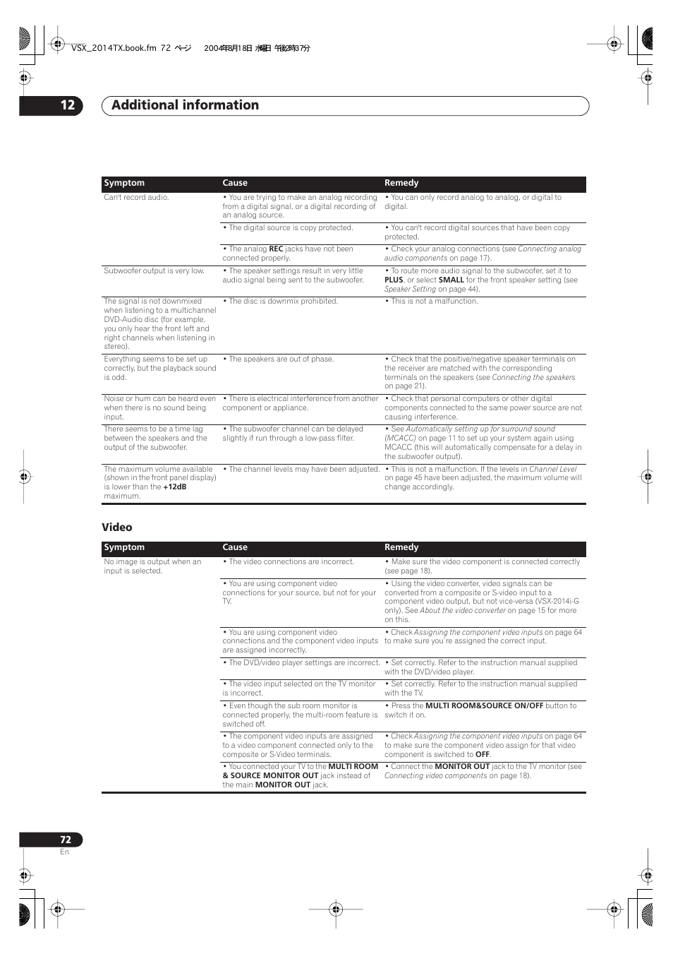 Video, Additional information 12 | Pioneer VSX-1014-S User Manual | Page 72 / 80
