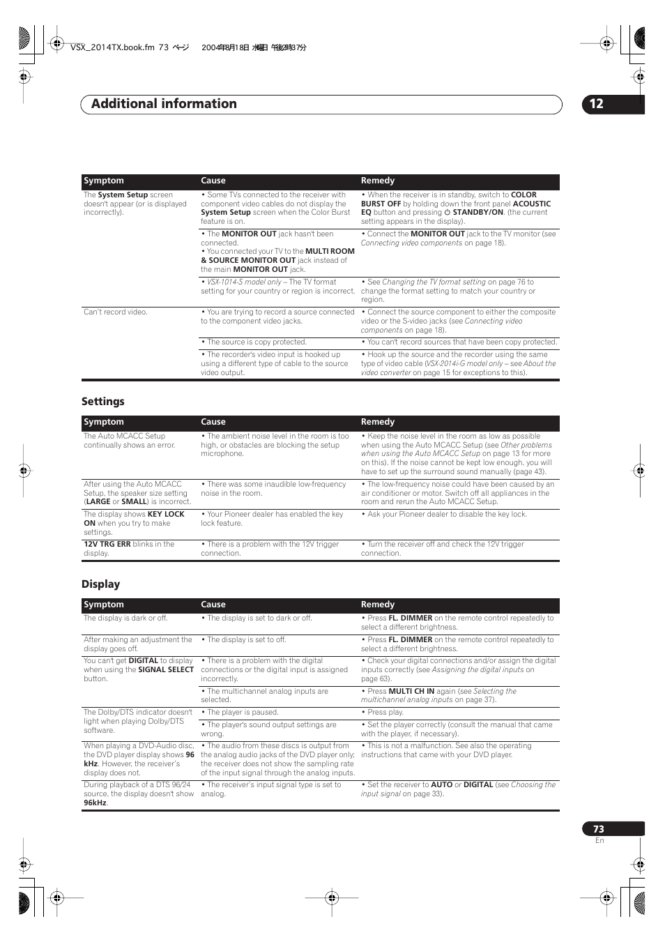 Settings display, Additional information 12 | Pioneer VSX-1014-S User Manual | Page 73 / 80