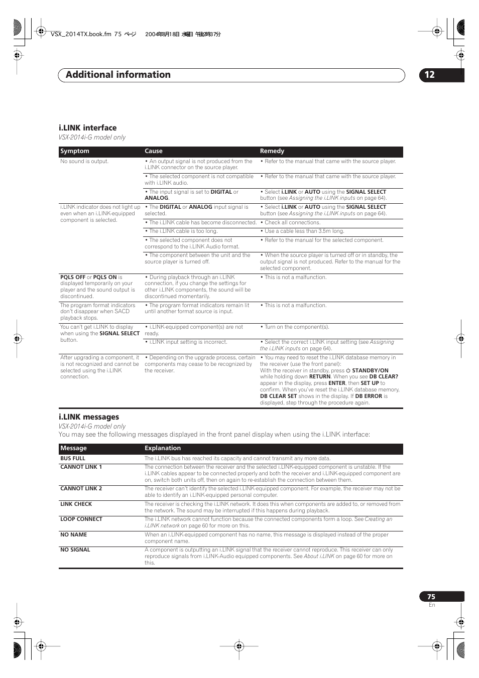 I.link interface i.link messages, Additional information 12, I.link interface | I.link messages | Pioneer VSX-1014-S User Manual | Page 75 / 80