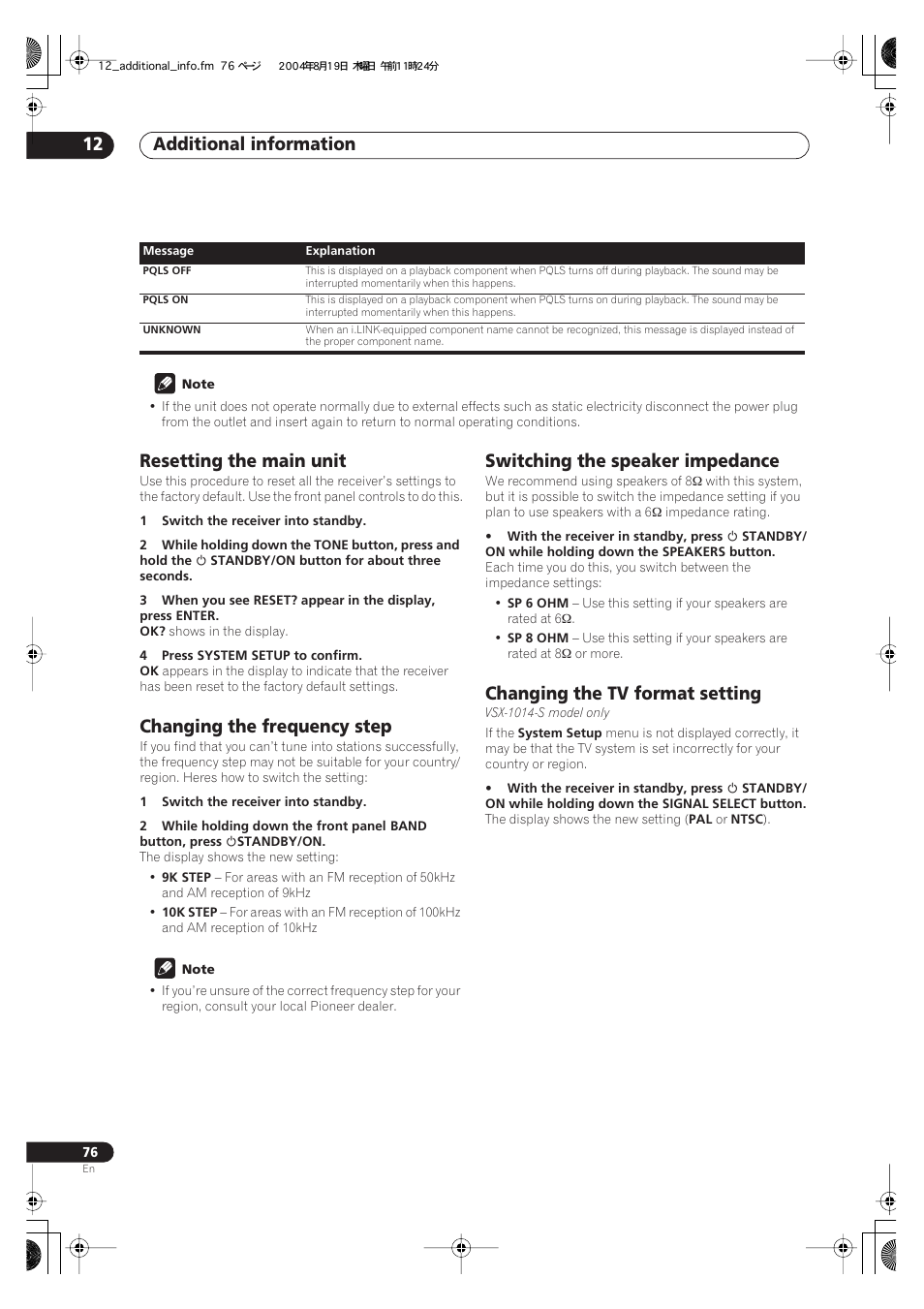 Additional information 12, Resetting the main unit, Changing the frequency step | Switching the speaker impedance, Changing the tv format setting | Pioneer VSX-1014-S User Manual | Page 76 / 80