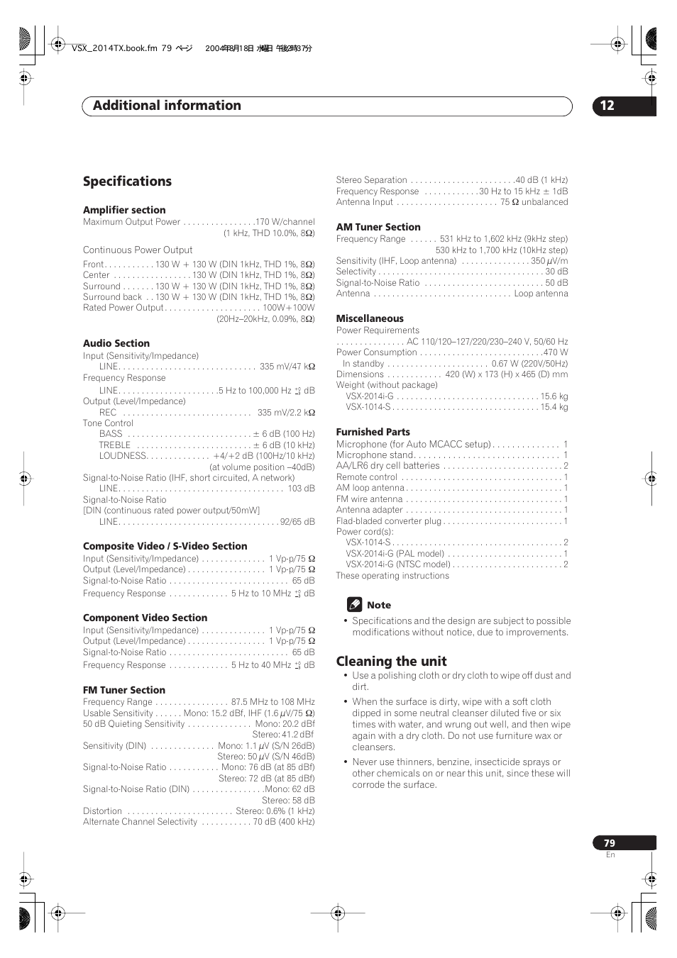 Specifications cleaning the unit, Additional information 12, Specifications | Cleaning the unit | Pioneer VSX-1014-S User Manual | Page 79 / 80