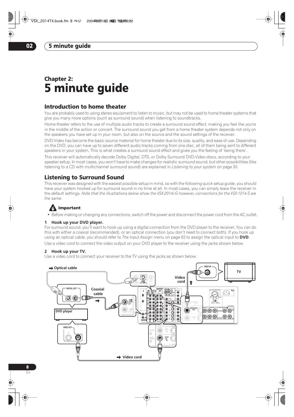 02 5 minute guide, 5 minute guide, 5 minute guide 02 | Chapter 2, Introduction to home theater, Listening to surround sound, Single), Listening to your system, On page 30, Important | Pioneer VSX-1014-S User Manual | Page 8 / 80