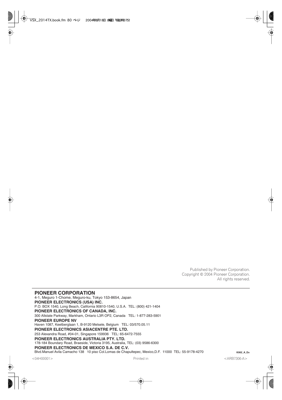 Pioneer corporation | Pioneer VSX-1014-S User Manual | Page 80 / 80