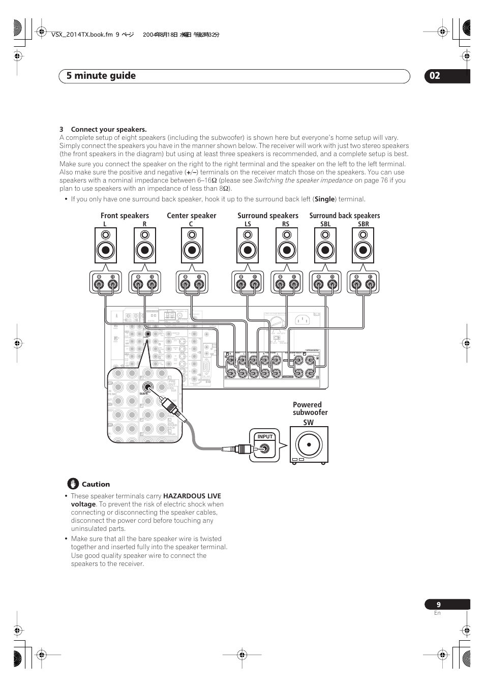 5 minute guide 02, Front speakers, Powered subwoofer sw surround speakers | Surround back speakers center speaker, 3connect your speakers, Please see, Switching the speaker impedance, Single, Terminal, Caution | Pioneer VSX-1014-S User Manual | Page 9 / 80