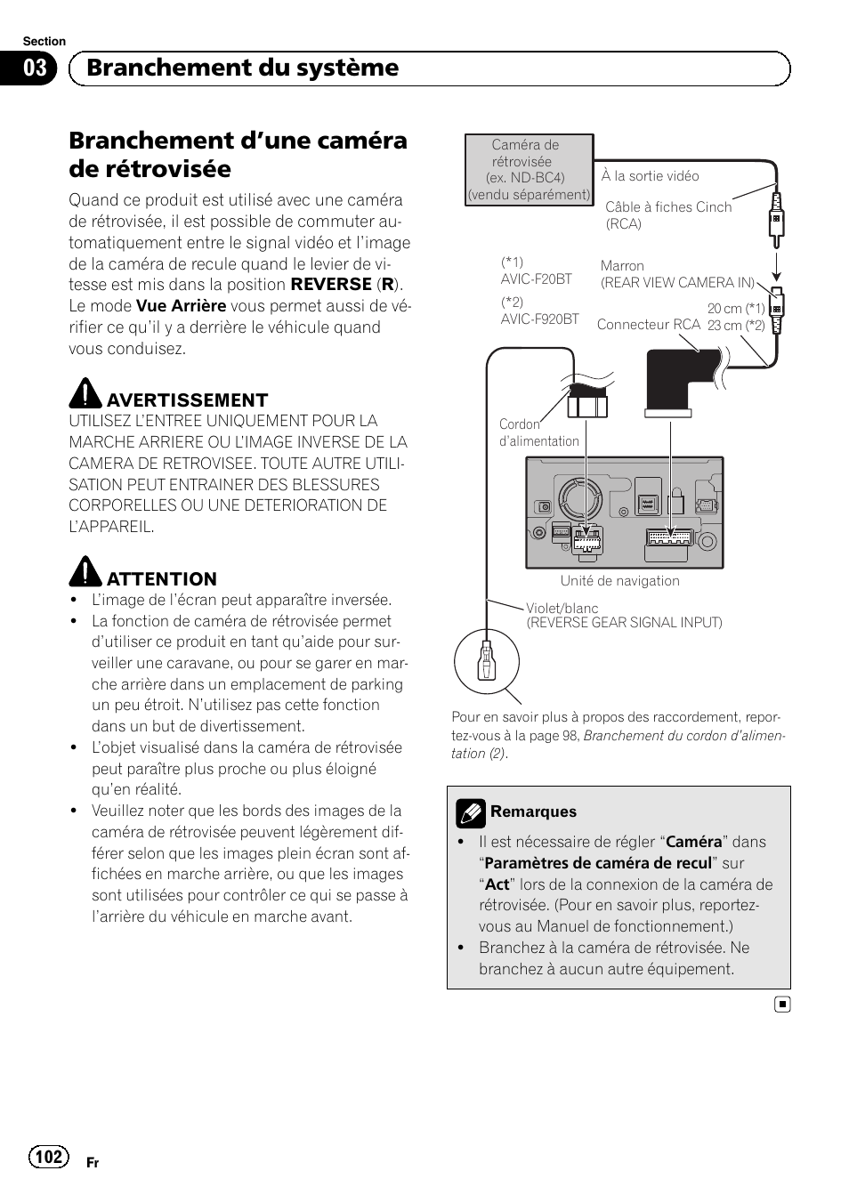 Branchement d, Une caméra de, Rétrovisée | Branchement d ’une caméra de rétrovisée, 03 branchement du système | Pioneer AVIC-F920BT User Manual | Page 102 / 172