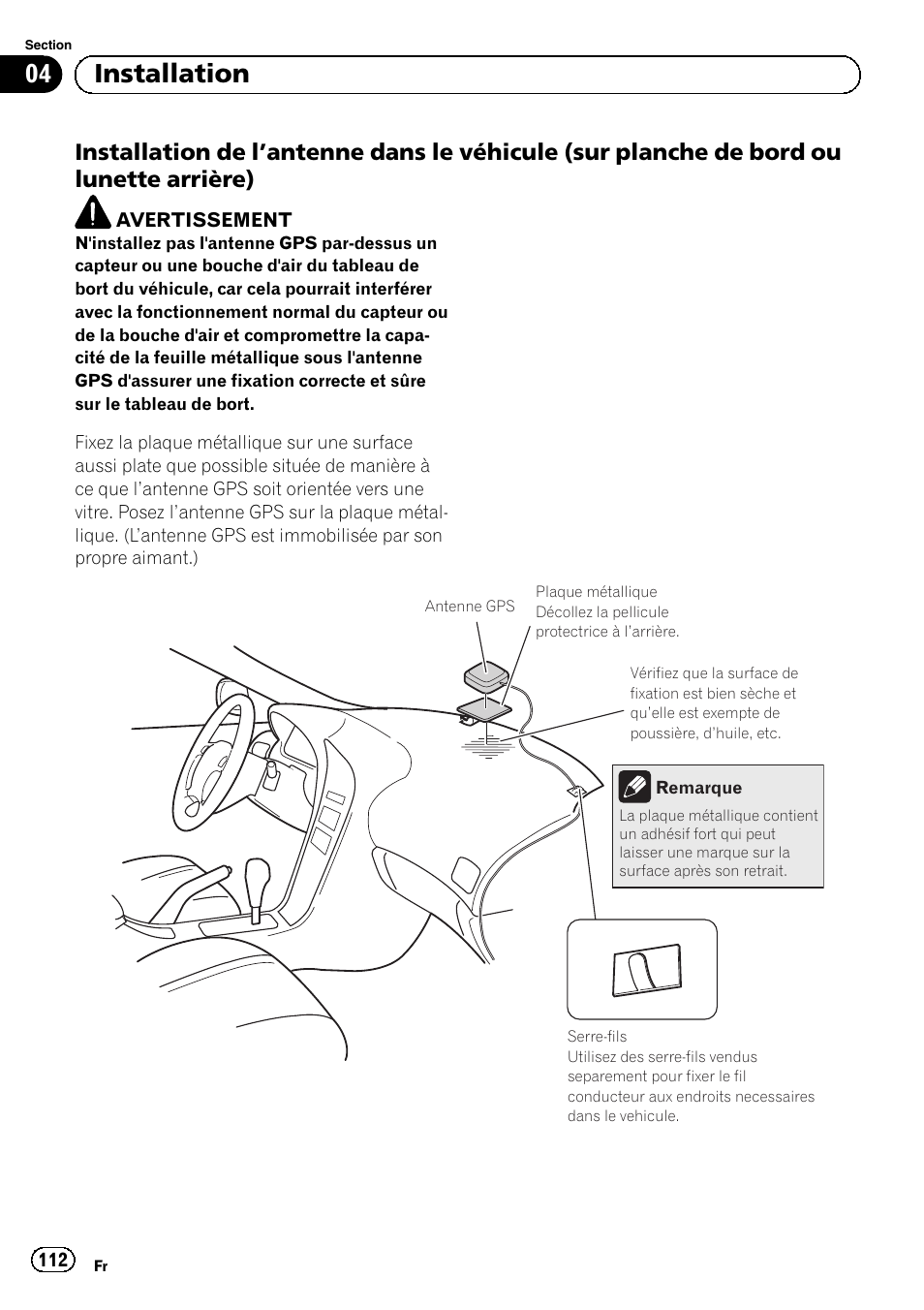 Installation de l’antenne dans le, Véhicule (sur planche de bord ou lunette arrière), 04 installation | Pioneer AVIC-F920BT User Manual | Page 112 / 172