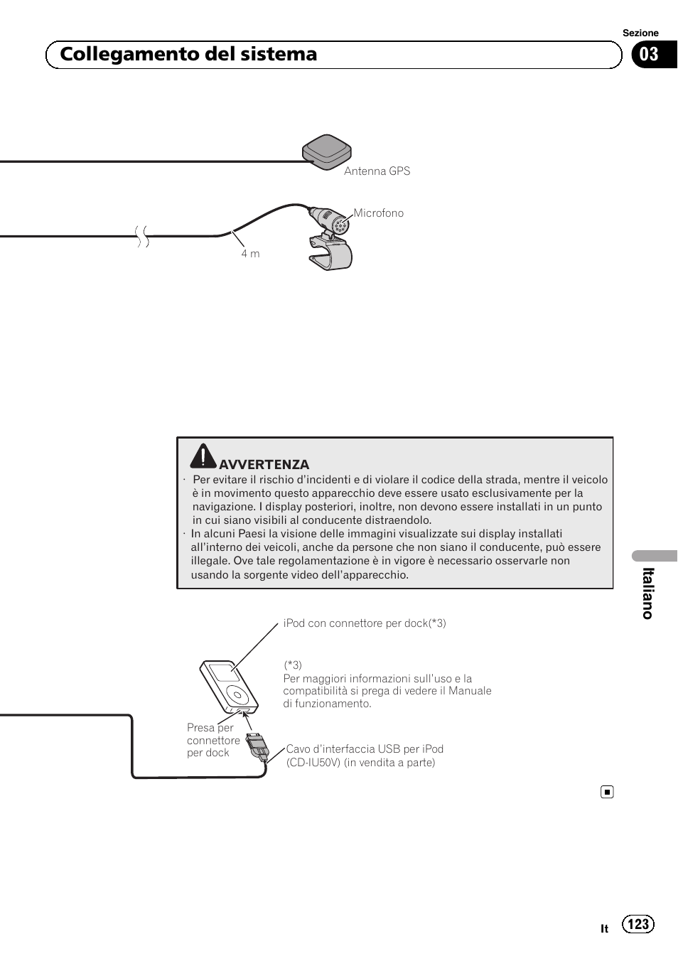 03 collegamento del sistema, Italiano | Pioneer AVIC-F920BT User Manual | Page 123 / 172