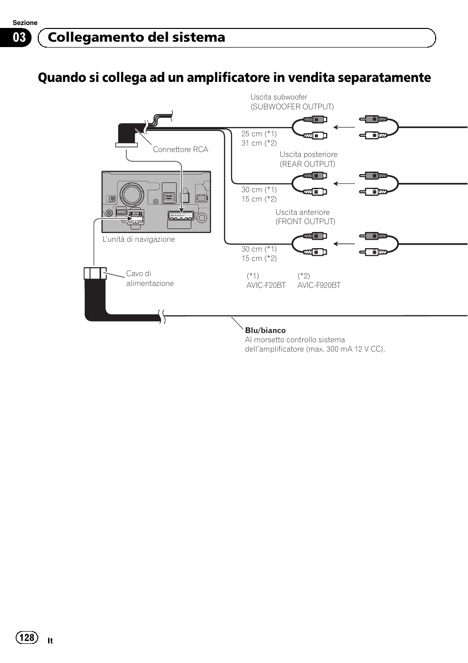 Quando si collega ad un amplificatore in, Vendita separatamente, 03 collegamento del sistema | Pioneer AVIC-F920BT User Manual | Page 128 / 172