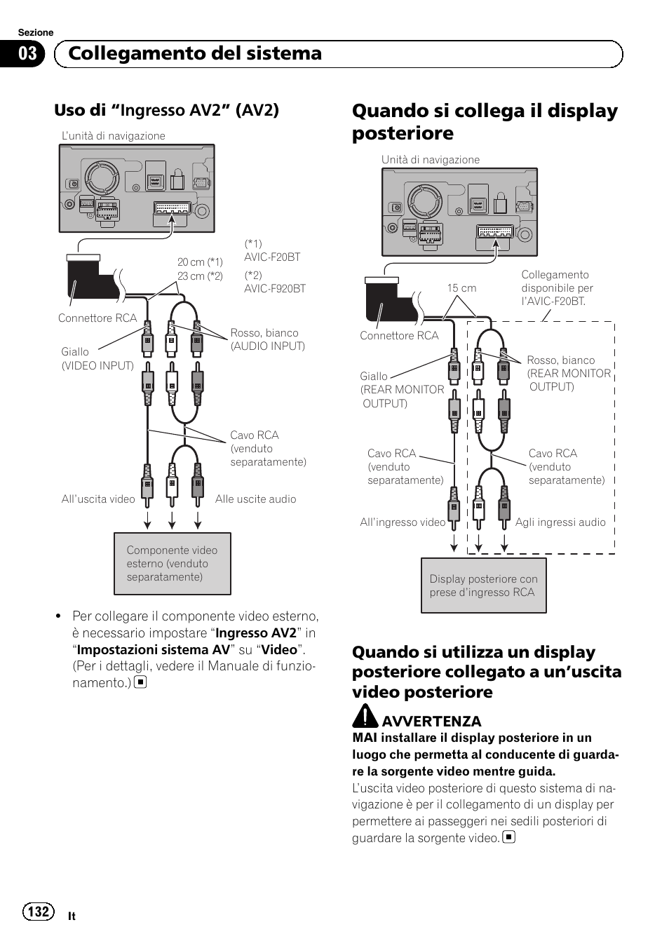 Uso di “ingresso av2” (av2) 132, Quando si collega il display posteriore, Quando si utilizza un display posteriore | Collegato a un, Uscita video, Posteriore, 03 collegamento del sistema, Uso di “ingresso av2” (av2) | Pioneer AVIC-F920BT User Manual | Page 132 / 172