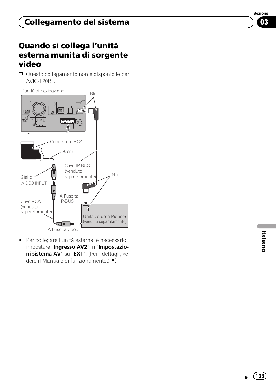 Quando si collega l, Unità esterna munita di, Sorgente video | 03 collegamento del sistema | Pioneer AVIC-F920BT User Manual | Page 133 / 172