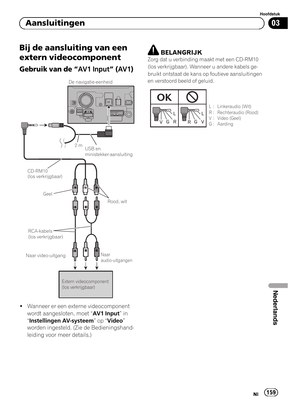 Bij de aansluiting van een extern, Videocomponent, Gebruik van de “av1 input” (av1) 159 | Bij de aansluiting van een extern videocomponent, 03 aansluitingen, Gebruik van de “av1 input” (av1) | Pioneer AVIC-F920BT User Manual | Page 159 / 172