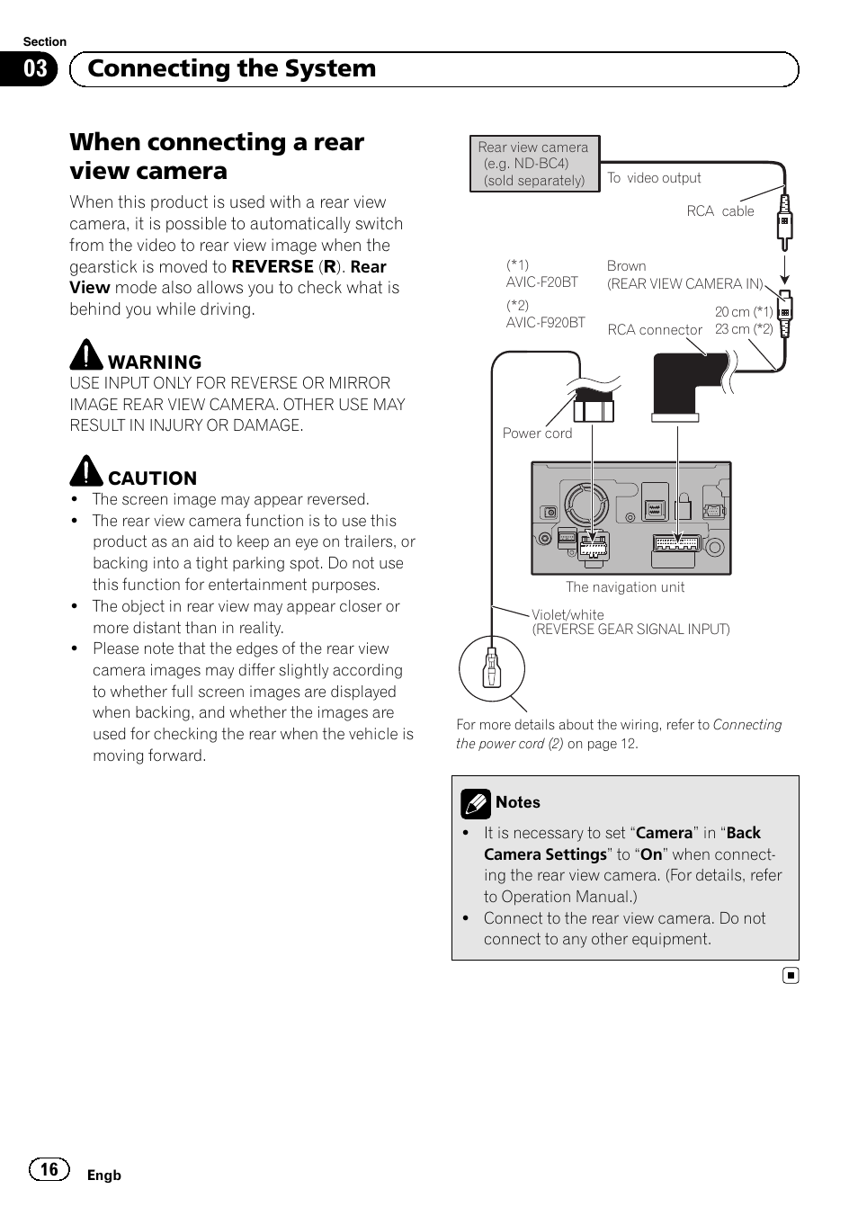 When connecting a rear view camera, 03 connecting the system | Pioneer AVIC-F920BT User Manual | Page 16 / 172