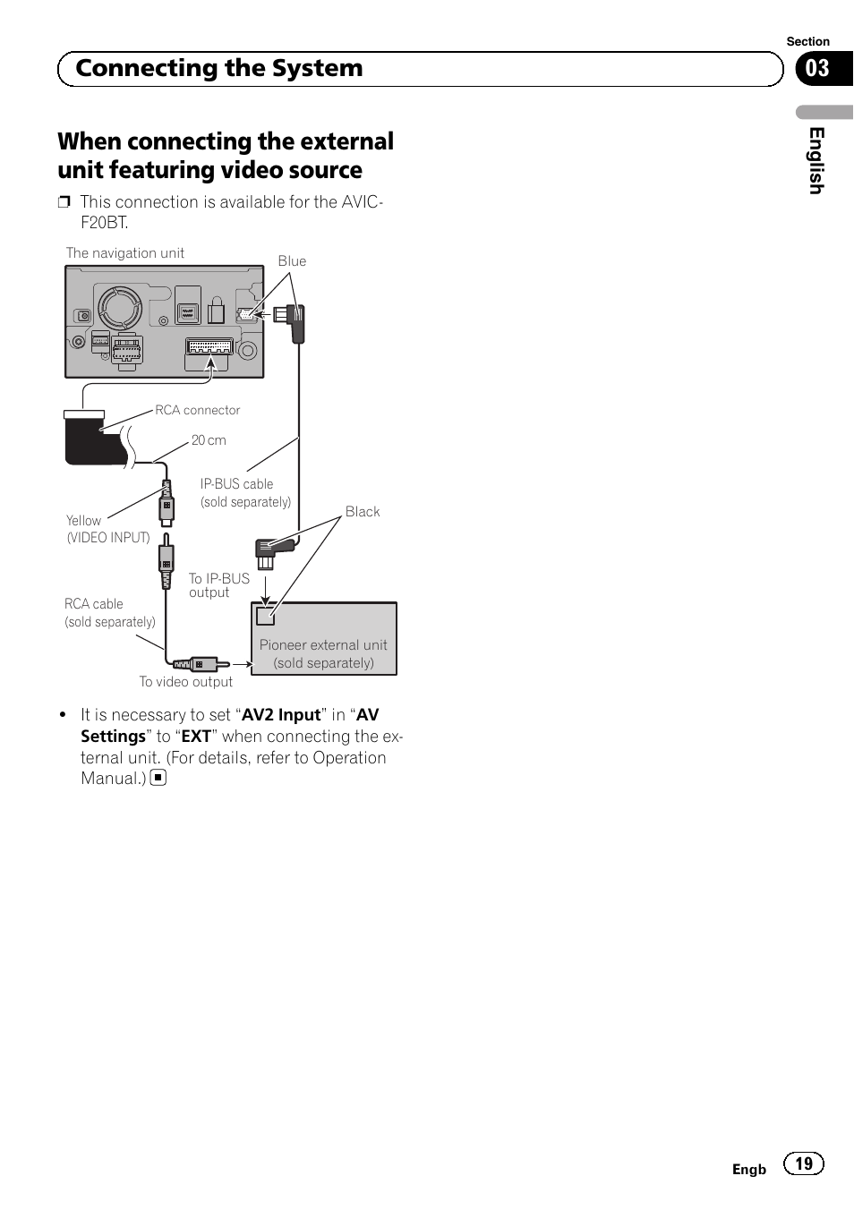 When connecting the external unit featuring, Video source, 03 connecting the system | Pioneer AVIC-F920BT User Manual | Page 19 / 172