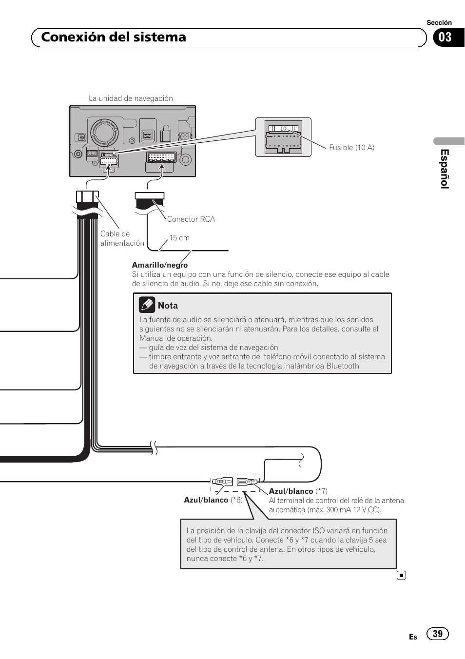 03 conexión del sistema, Español | Pioneer AVIC-F920BT User Manual | Page 39 / 172