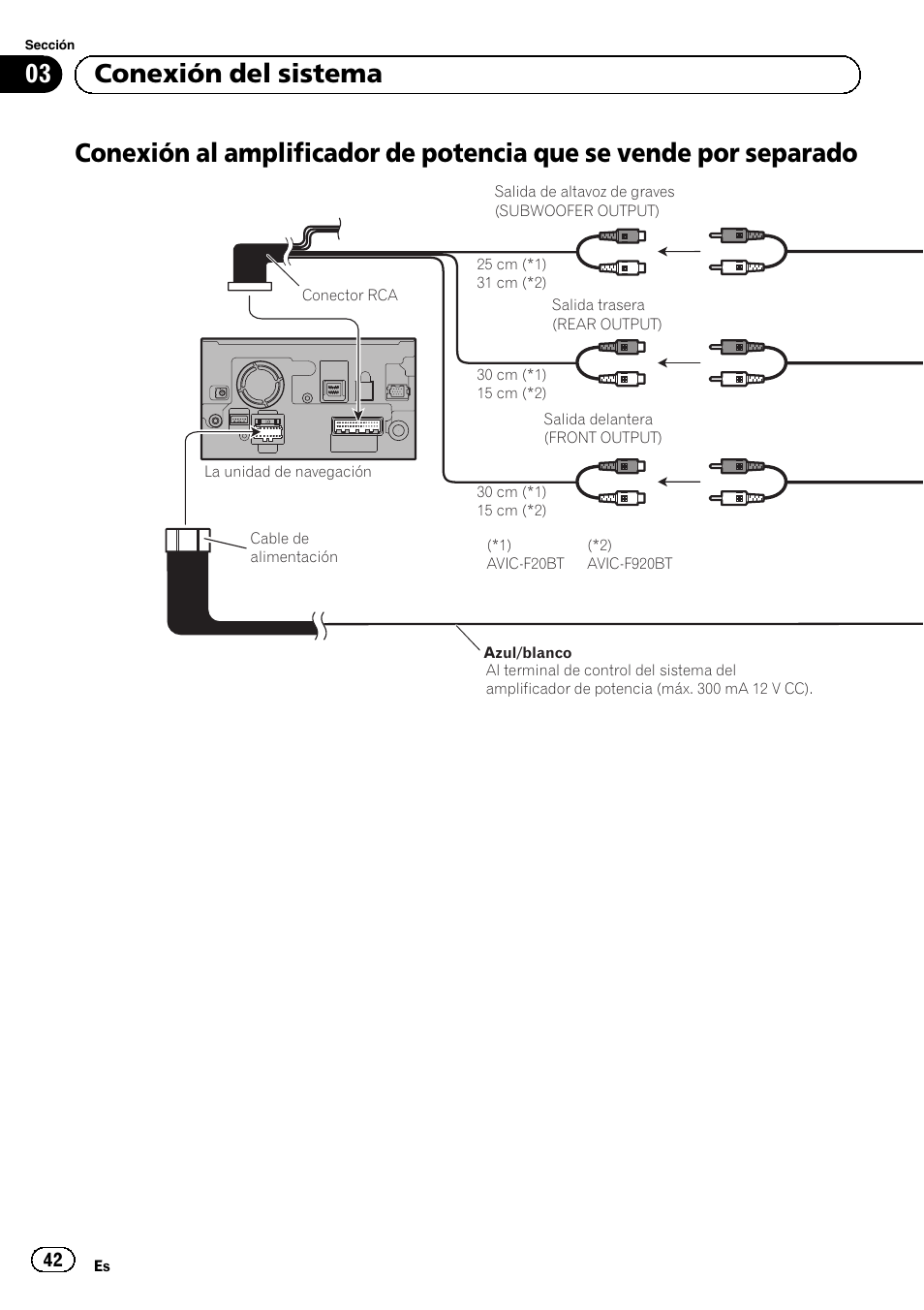 Conexión al amplificador de potencia que se, Vende por separado, 03 conexión del sistema | Pioneer AVIC-F920BT User Manual | Page 42 / 172