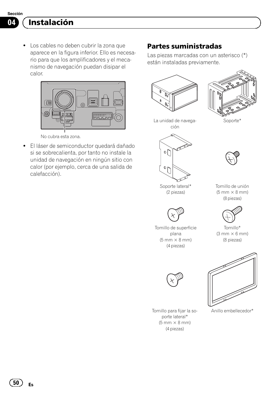 Partes suministradas 50, 04 instalación, Partes suministradas | Pioneer AVIC-F920BT User Manual | Page 50 / 172