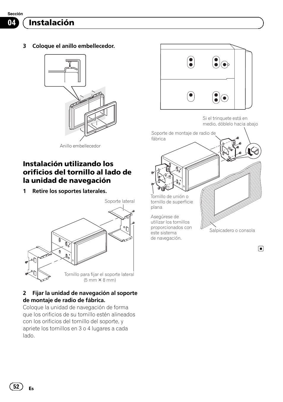 Instalación utilizando los orificios del, Tornillo al lado de la unidad de navegación, 04 instalación | Pioneer AVIC-F920BT User Manual | Page 52 / 172