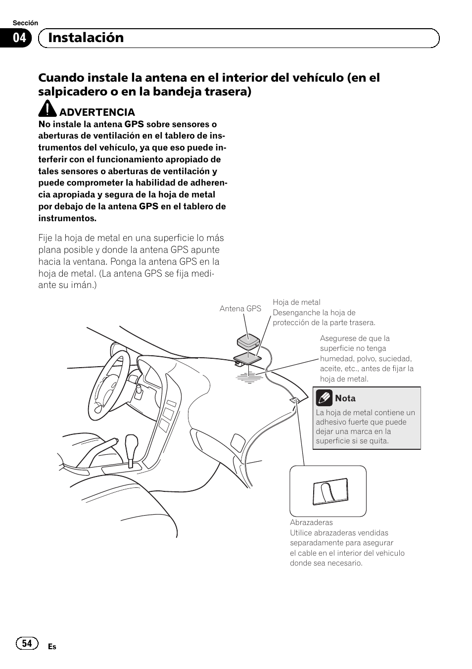 Cuando instale la antena en el interior, 04 instalación | Pioneer AVIC-F920BT User Manual | Page 54 / 172