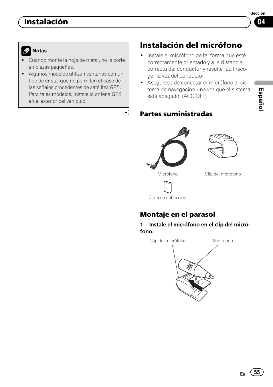 Instalación del micrófono, Partes suministradas 55, Montaje en el parasol 55 | 04 instalación, Partes suministradas, Montaje en el parasol | Pioneer AVIC-F920BT User Manual | Page 55 / 172