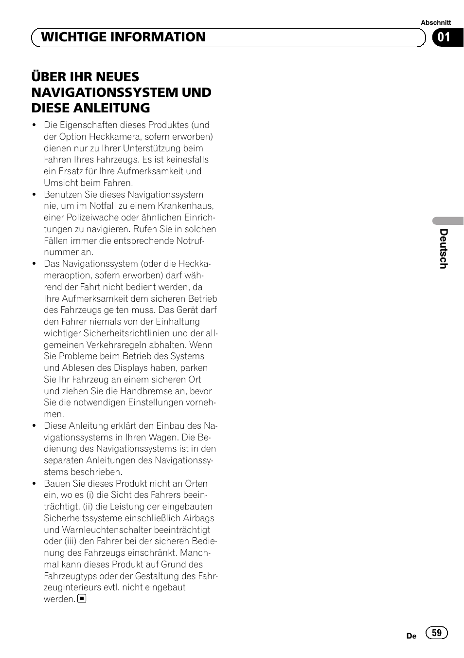 Wichtige information, Über ihr neues navigationssystem, Und diese anleitung | 01 wichtige information | Pioneer AVIC-F920BT User Manual | Page 59 / 172