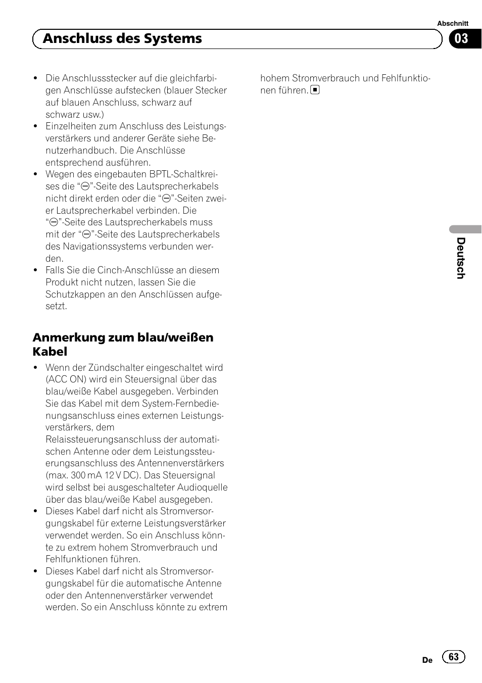 Anmerkung zum blau/weißen, Kabel, 03 anschluss des systems | Anmerkung zum blau/weißen kabel | Pioneer AVIC-F920BT User Manual | Page 63 / 172