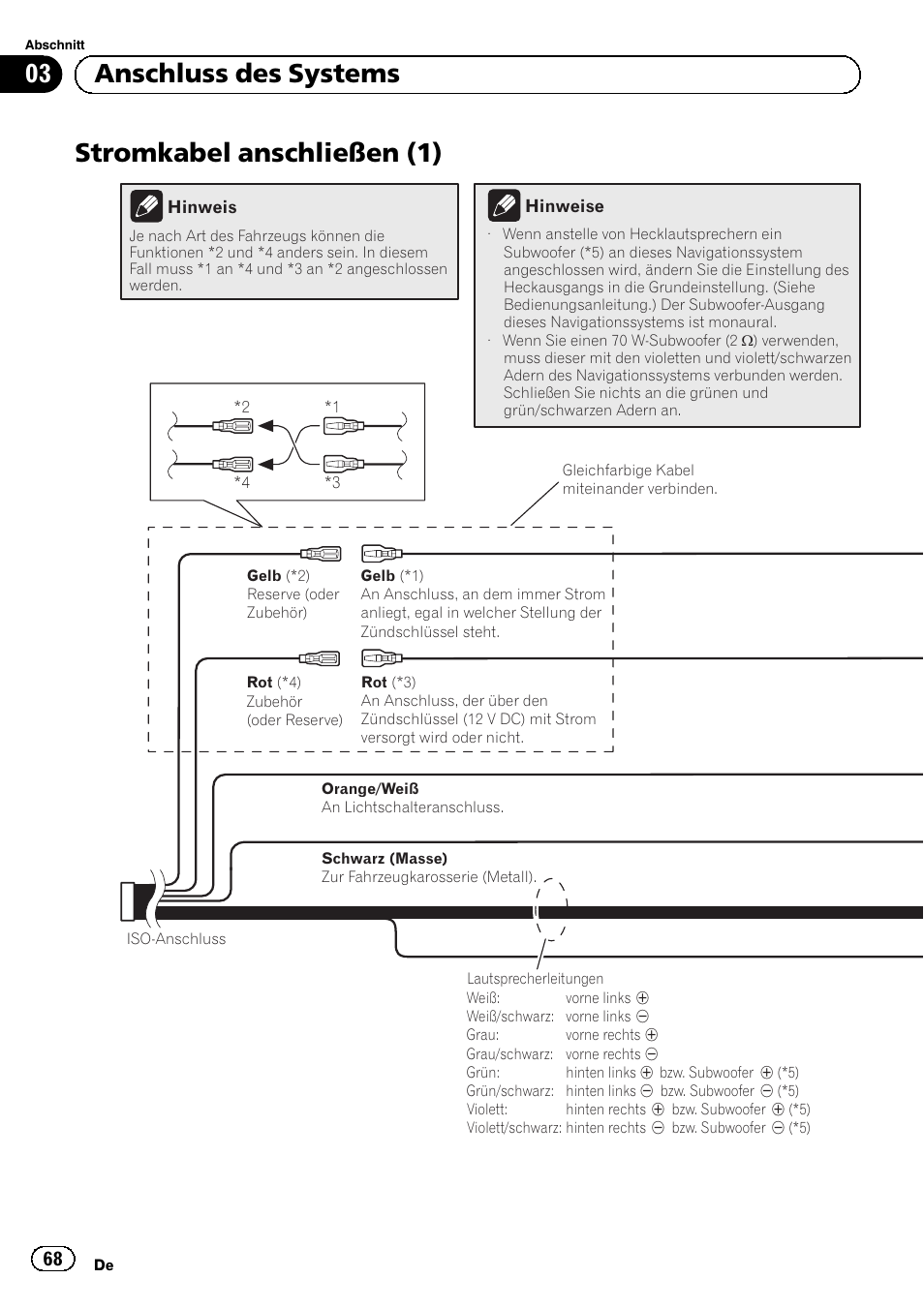 Stromkabel anschließen (1), 03 anschluss des systems | Pioneer AVIC-F920BT User Manual | Page 68 / 172